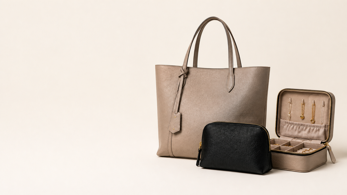 LENA taupe tote, black pouch and travel jewelry case on an oatmeal background